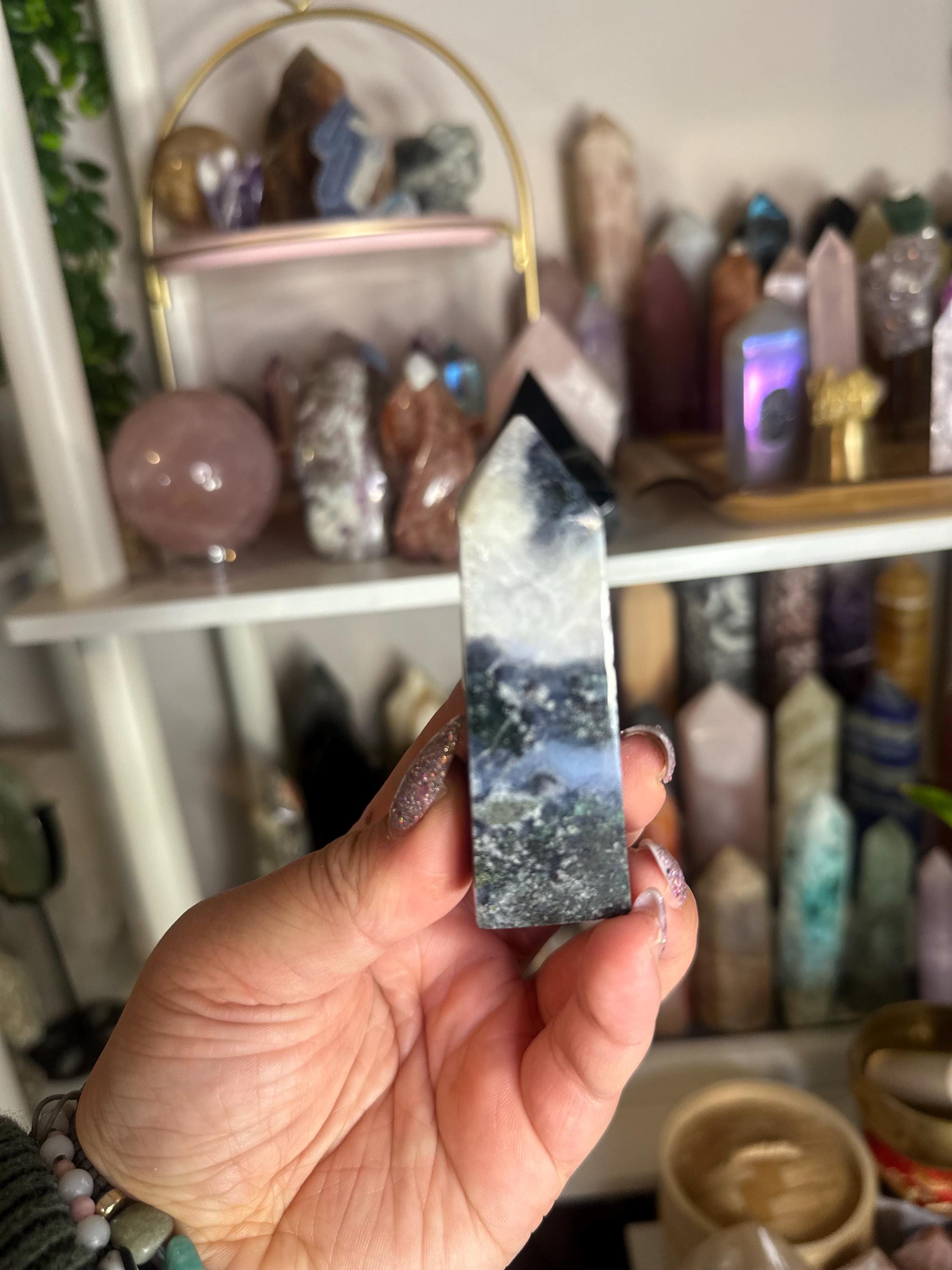 Crystal + Rocks | Obelisk | Blue Moss Agate Tower | 3inch