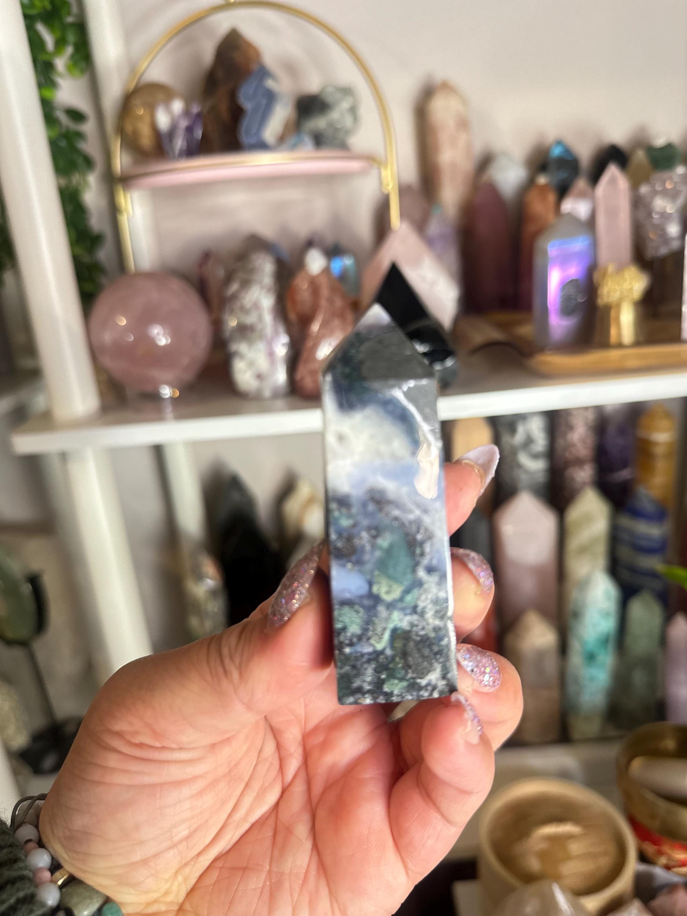 Crystal + Rocks | Obelisk | Blue Moss Agate Tower | 3inch