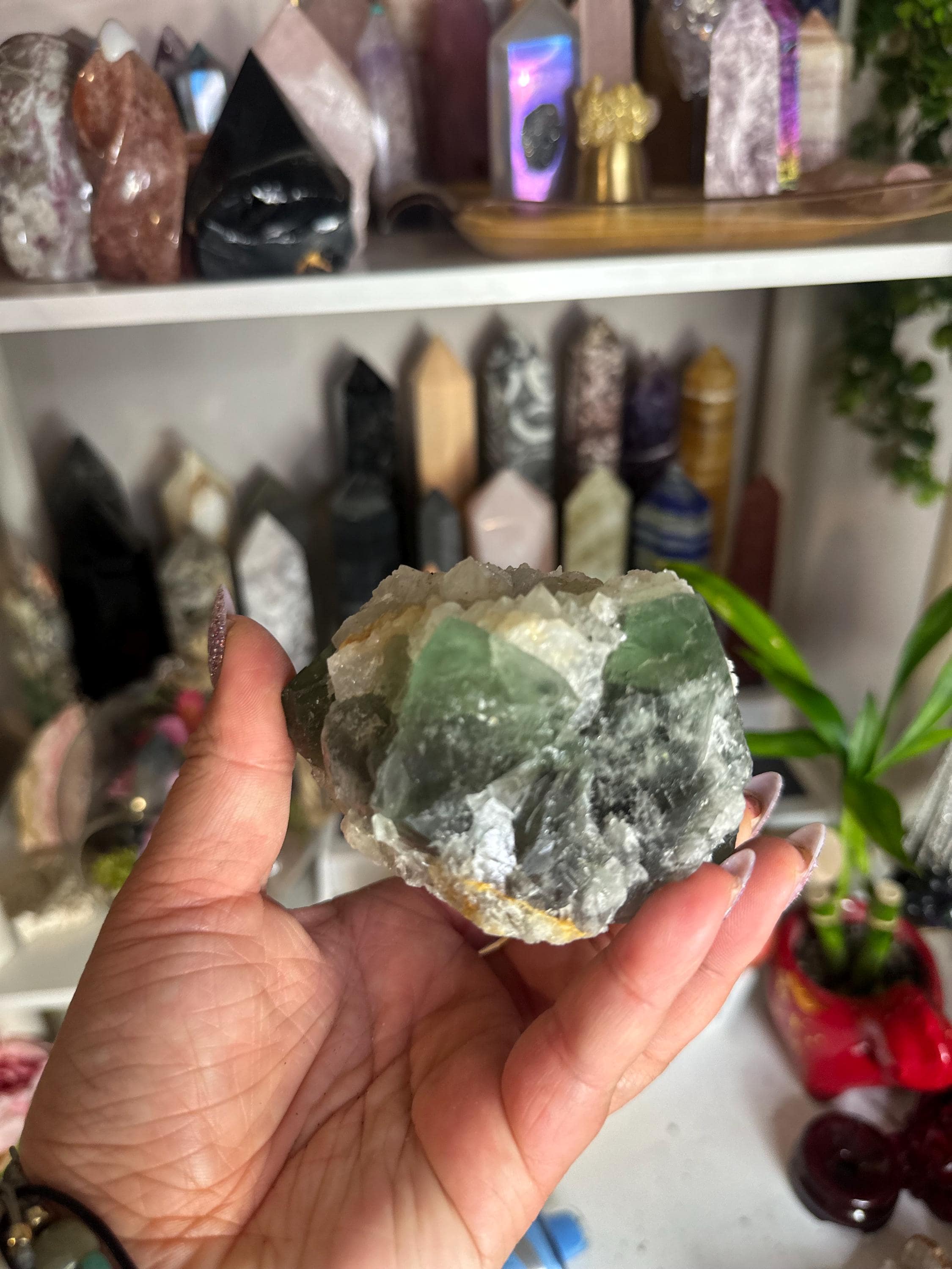 Crystal + Rocks | Raw | Green Cubic Fluorite on Calcite | 4inch