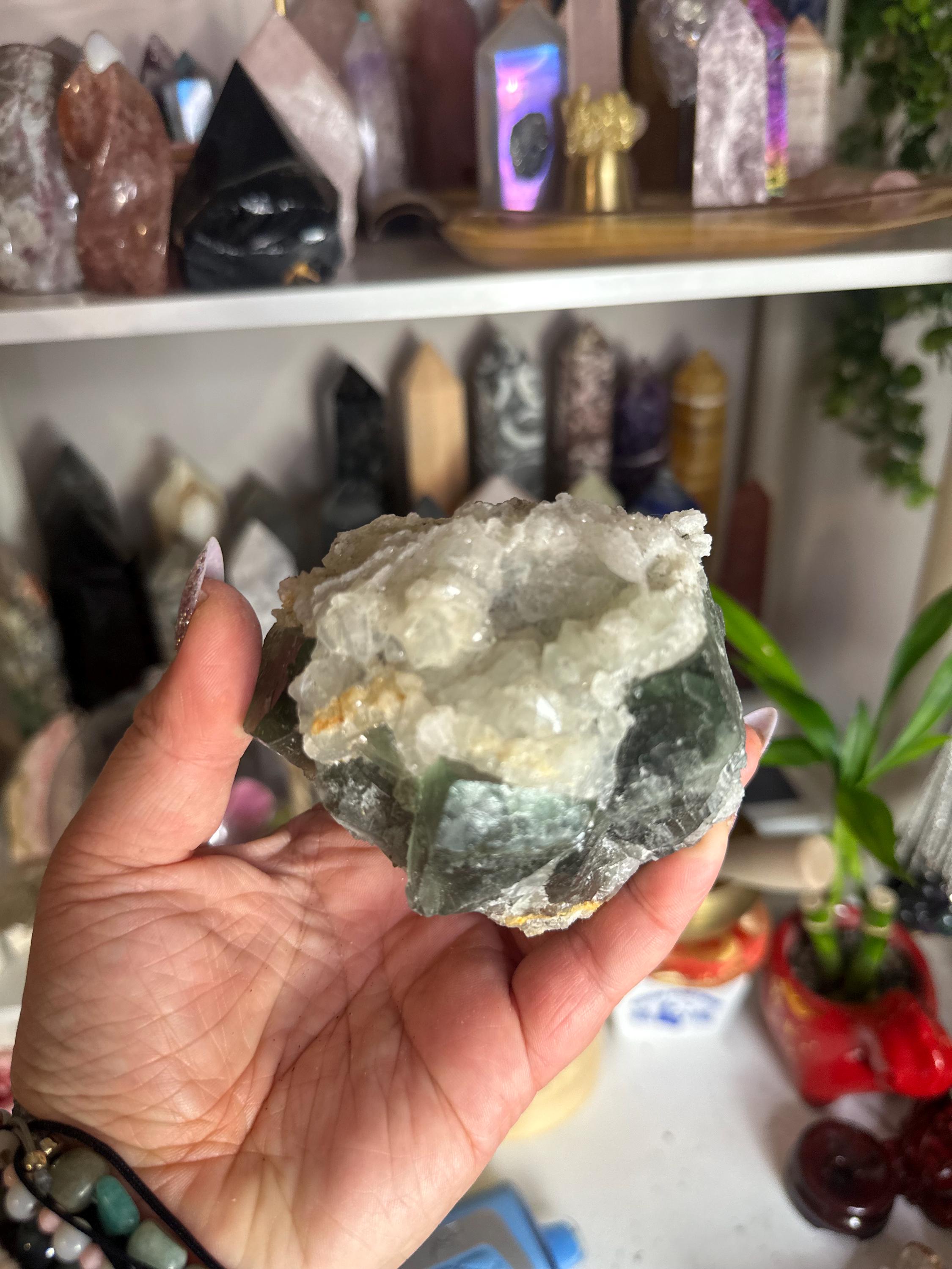 Crystal + Rocks | Raw | Green Cubic Fluorite on Calcite | 4inch