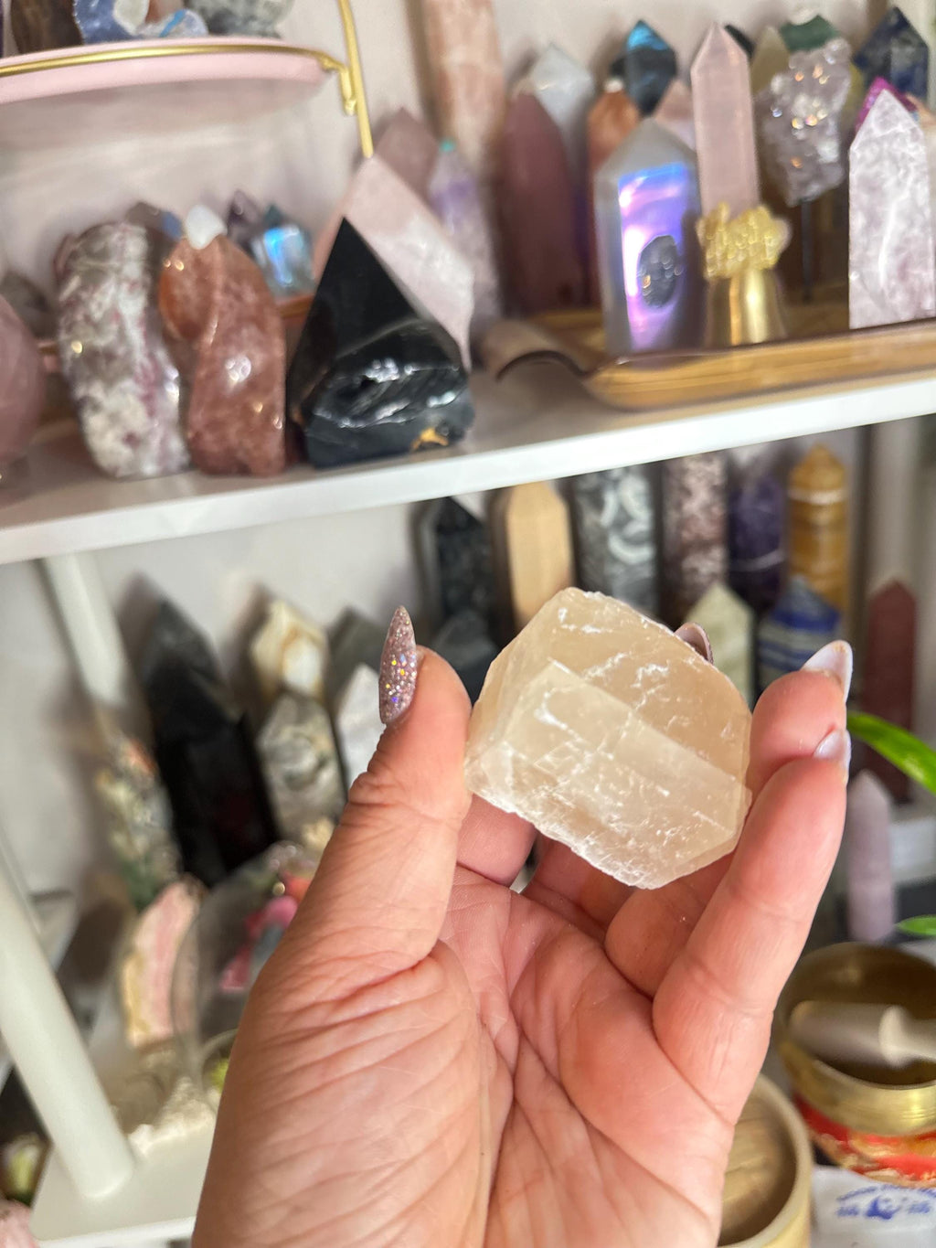 Crystal + Rocks | Rare | Pink Peach Optical Calcite Large Cubes | 2in