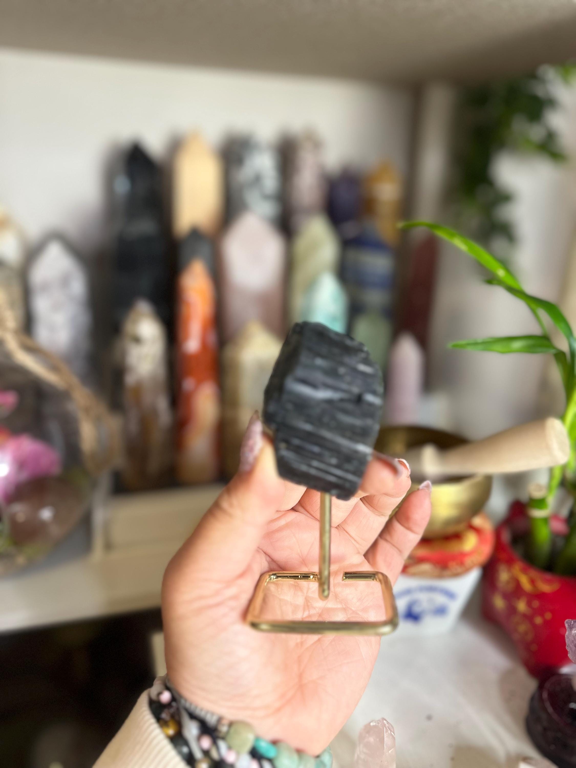 Crystal + Rocks | Unique | Polished Black Tourmaline on Gold Stand | 4in