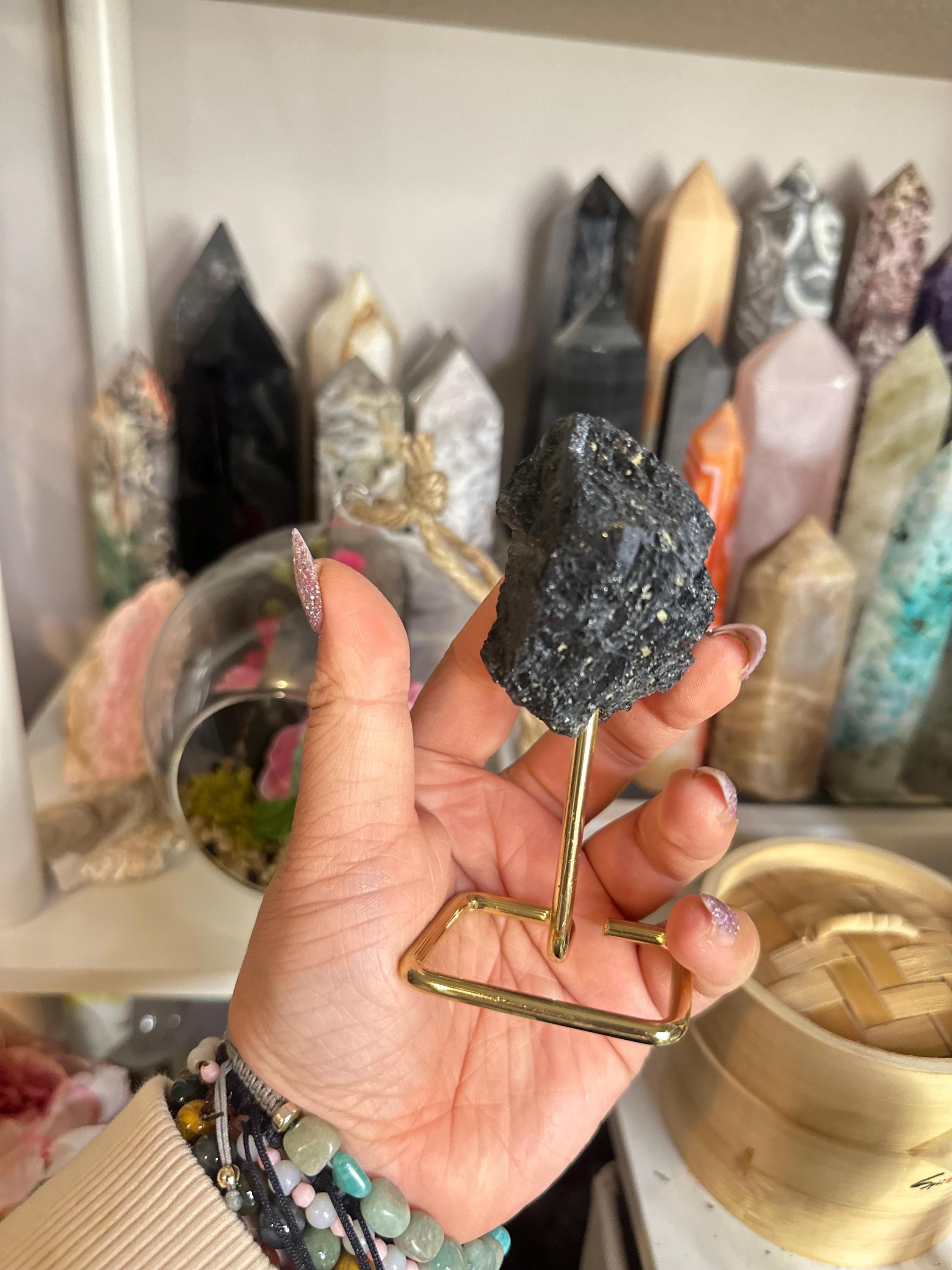 Crystal + Rocks | Unique | Polished Black Tourmaline on Gold Stand | 4in