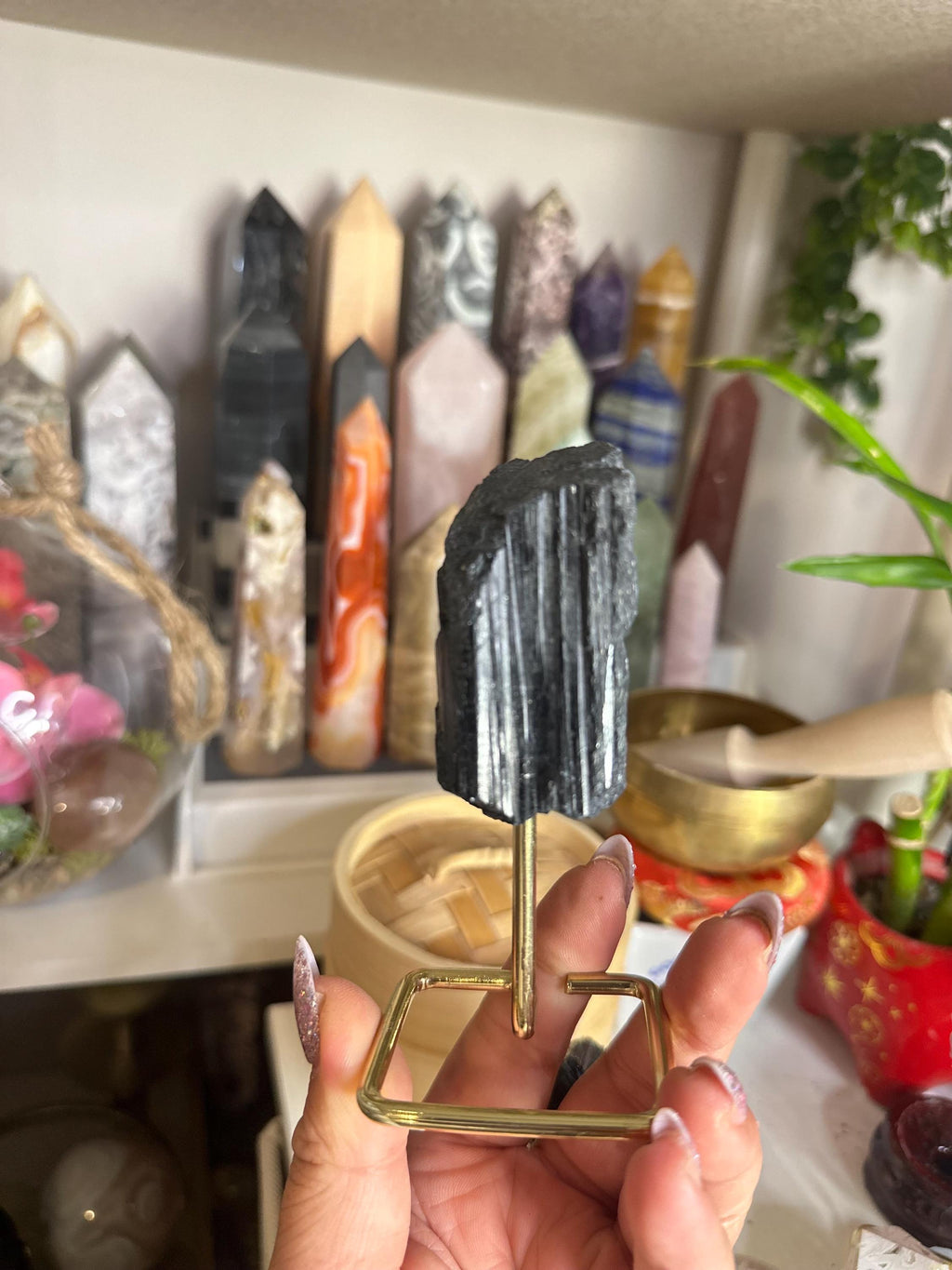 Crystal + Rocks | Unique | Polished Black Tourmaline on Gold Stand | 4in
