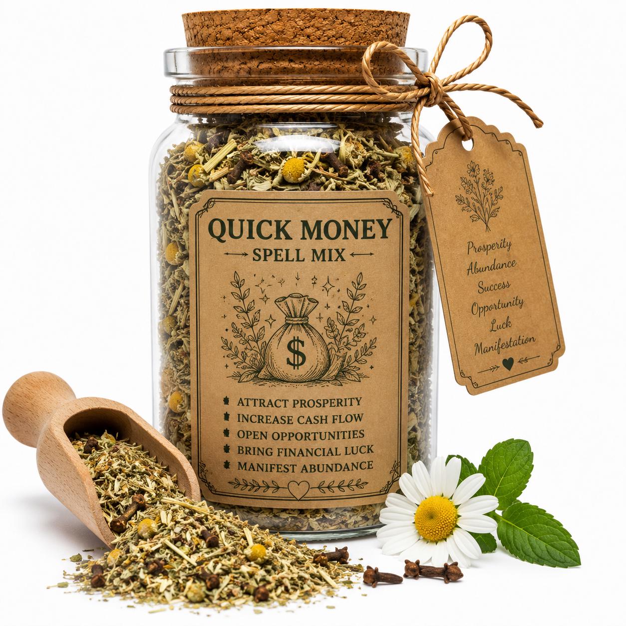Organic Herb Spell Jar + Spoon | Quick Money Spell Mix | Dried, Cut & Sifted | Prosperity • Abundance • Financial Opportunity | 50ML