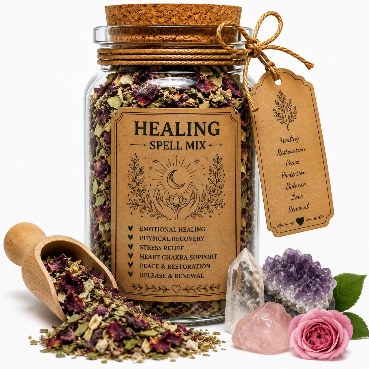 Organic Herb Spell Jar + Spoon | Healing Spell Mix | Dried, Cut & Sifted | Healing • Restoration • Inner Peace | 50ML