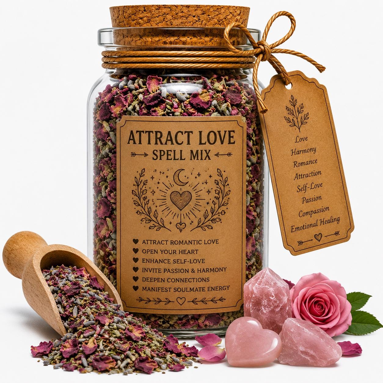 Organic Herb Spell Jar + Spoon | Attract Love Spell Mix | Dried, Cut & Sifted | Love • Romance • Heart Connection | 50ML