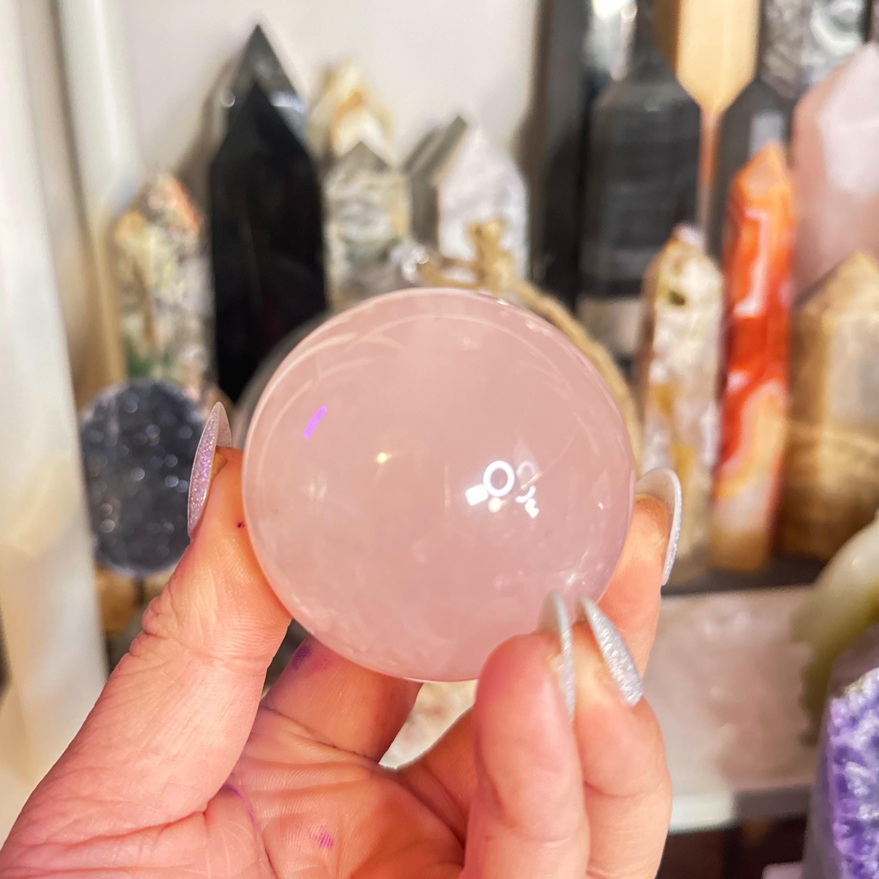 Crystal, Minerals + Rocks | Intuitive Pick | Super Juicy + Gemmy High Quality 6 STAR ASTERISM Rose Quartz Sphere | 2.5in