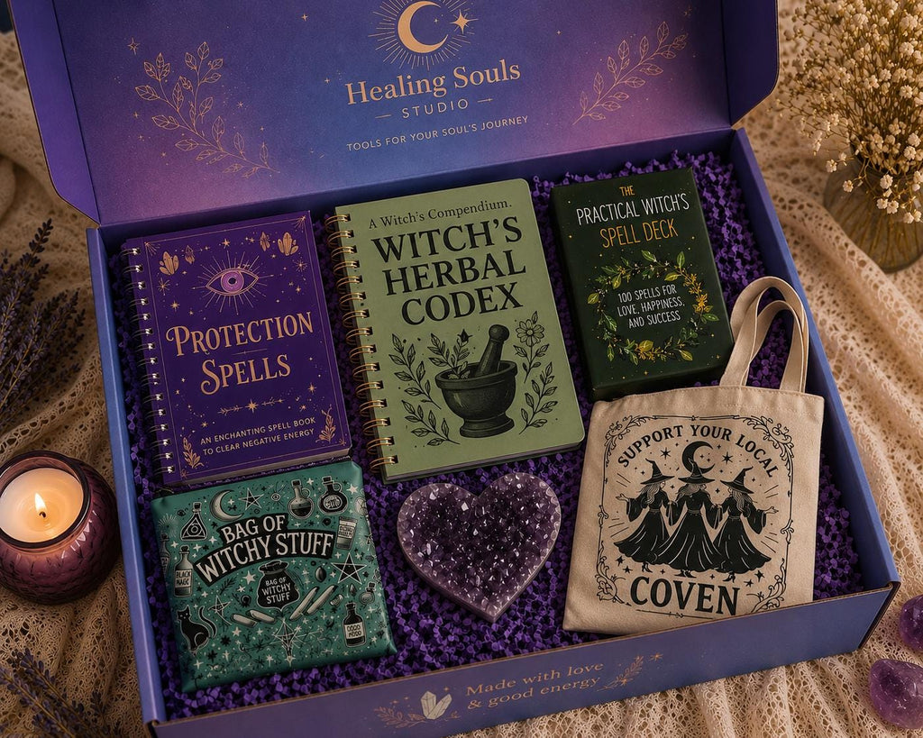 Premium Witchcraft Gift Box | Beginner Witch Kit | Witch's Herbal Codex, Spell Deck, Protection Journal & Crystal Set