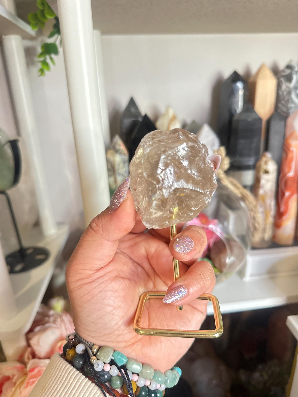 Crystal + Rocks | Unique | Translucent Smoky Quartz on Gold Stand | 4inch