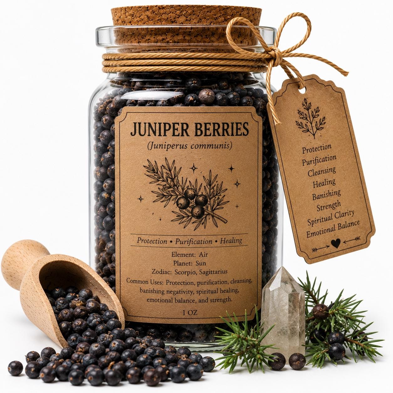 Organic Herb Spell Jar + Spoon | Juniper Berries | Dried, Cut & Sifted | Juniperus Communis | 50ML
