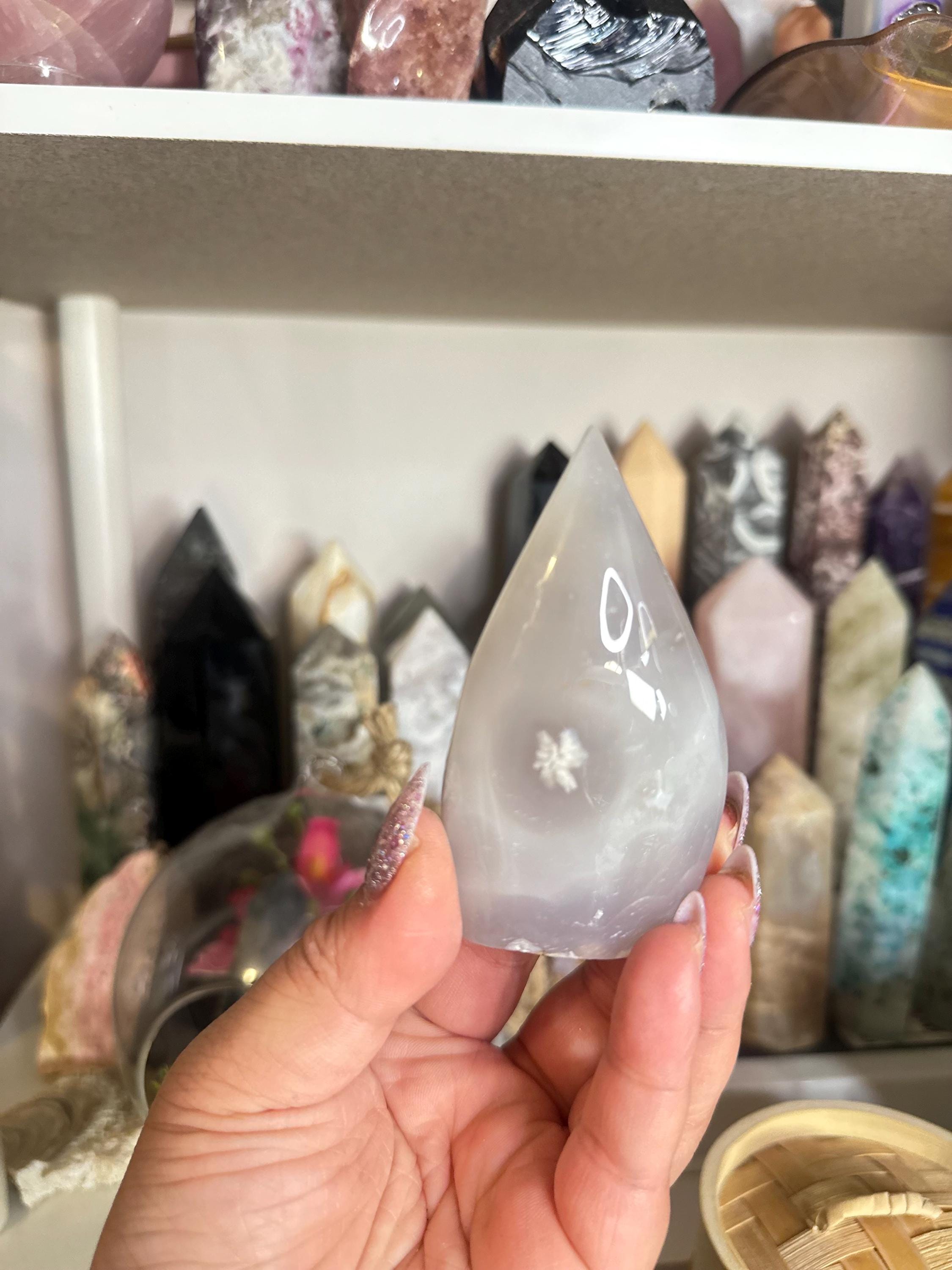 Crystal + Rocks| Polished | Grey Jelly Agate Standing Freeform Teardrop | 4.5in
