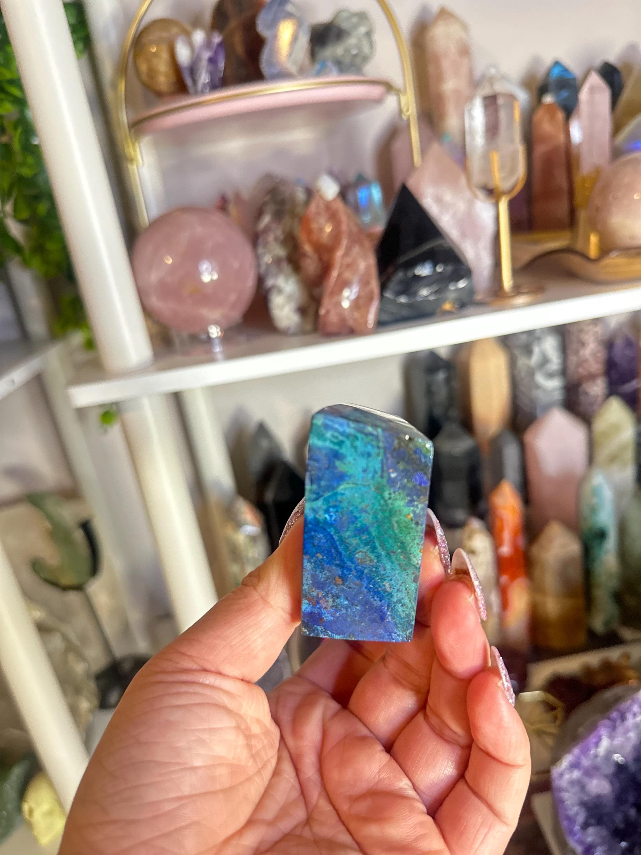 Crystal + Rocks| Matte Polished | Malachite in Azurite Standing Freeform | 4in