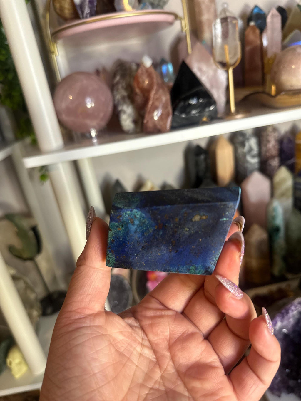 Crystal + Rocks| Matte Polished | Malachite in Azurite Standing Freeform | 4in