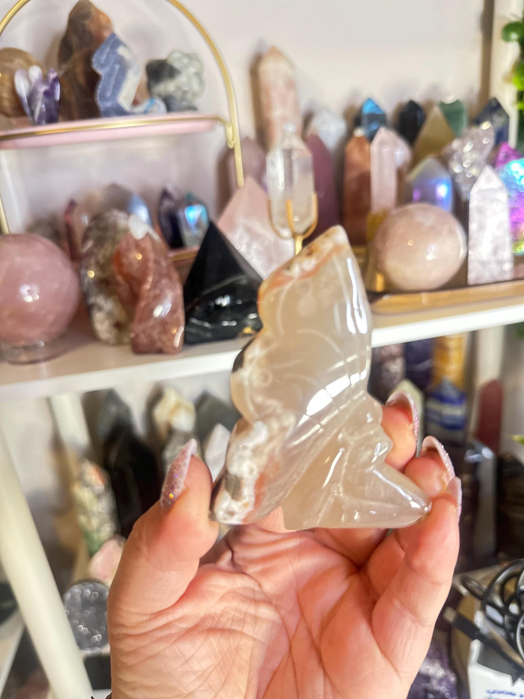 Crystal + Rocks| Polished | Flower Agate Standing Fairy Butterfly Carving | 4in