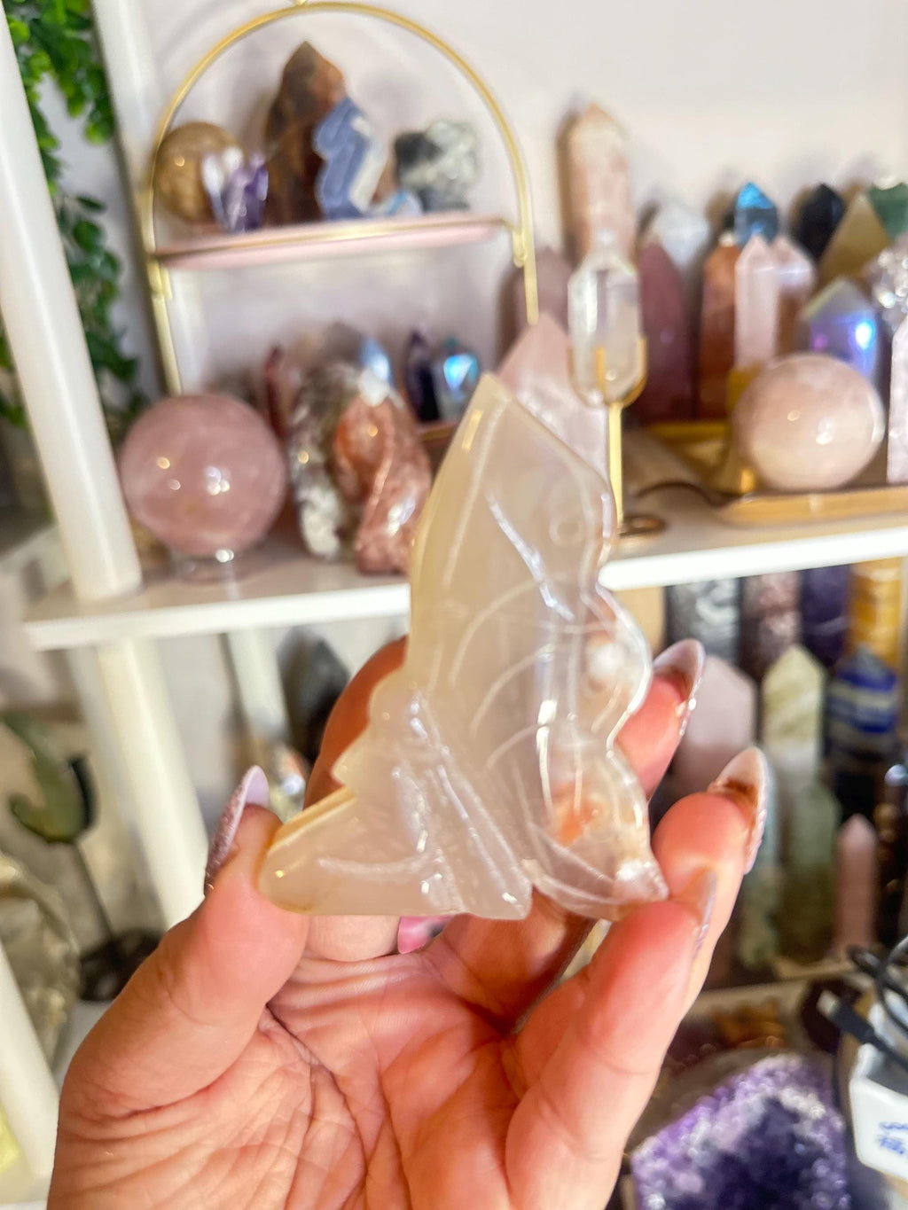 Crystal + Rocks| Polished | Flower Agate Standing Fairy Butterfly Carving | 4in
