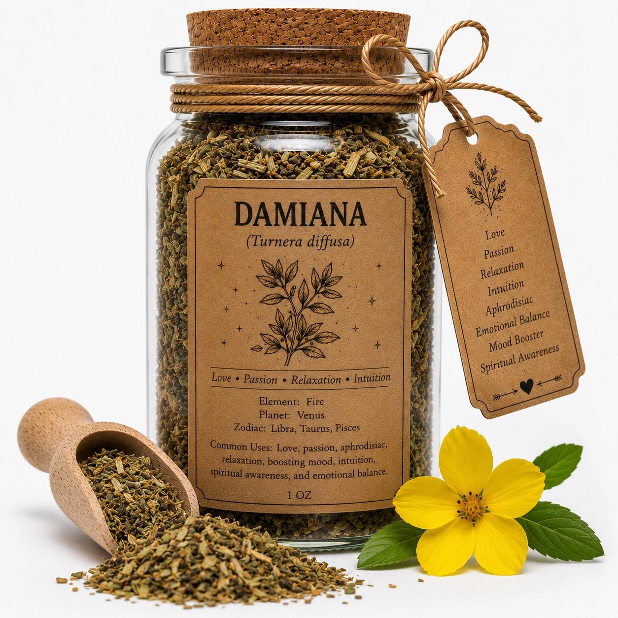 Organic Herb Spell Jar + Spoon | Damiana | Dried, Cut & Sifted | Love • Passion • Emotional Balance | 50ML