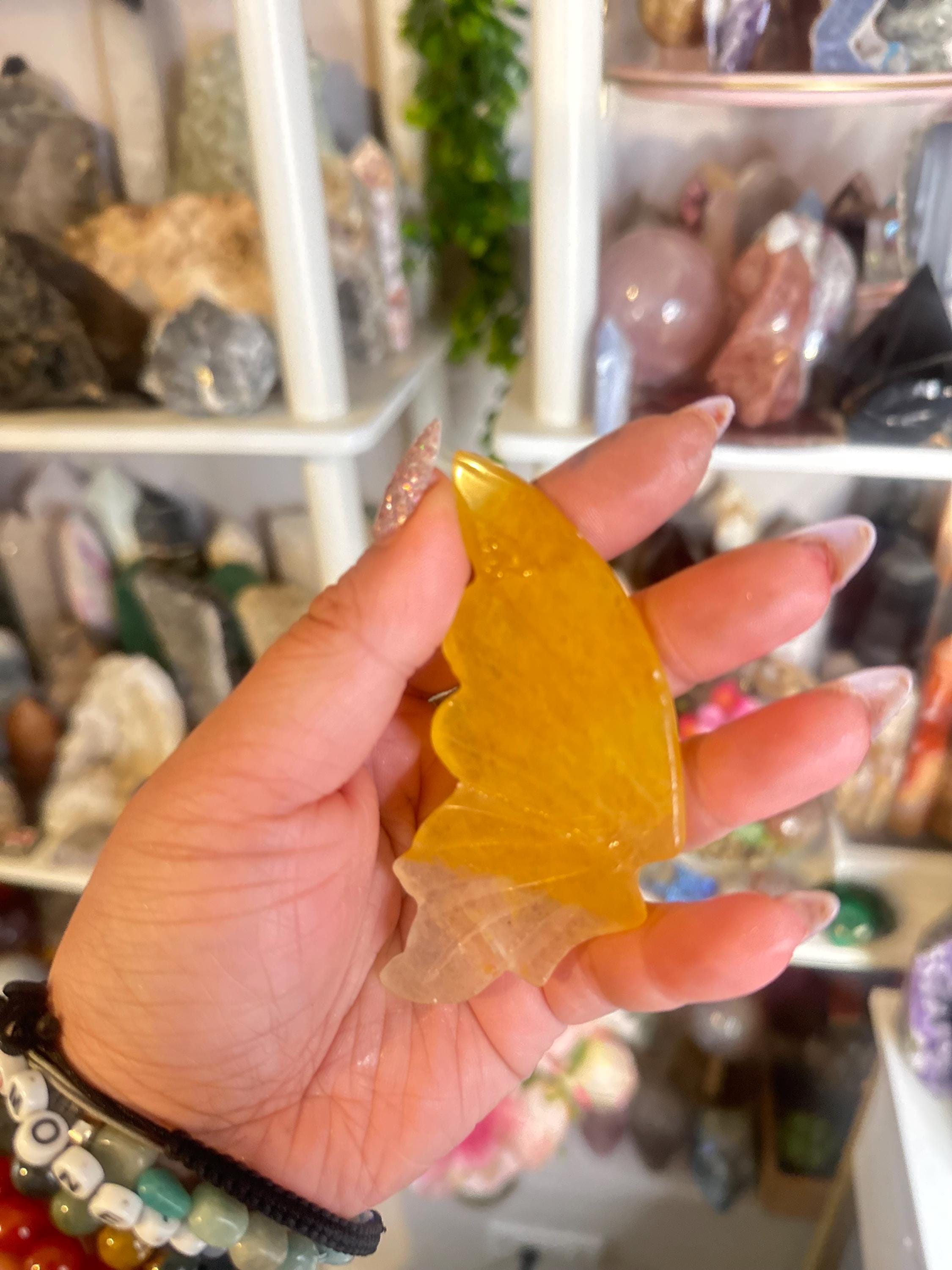 Crystal + Rocks | IMPERFECT CRYSTAL | Glued Golden Healer Butterfly Wings on a Stand | 6in