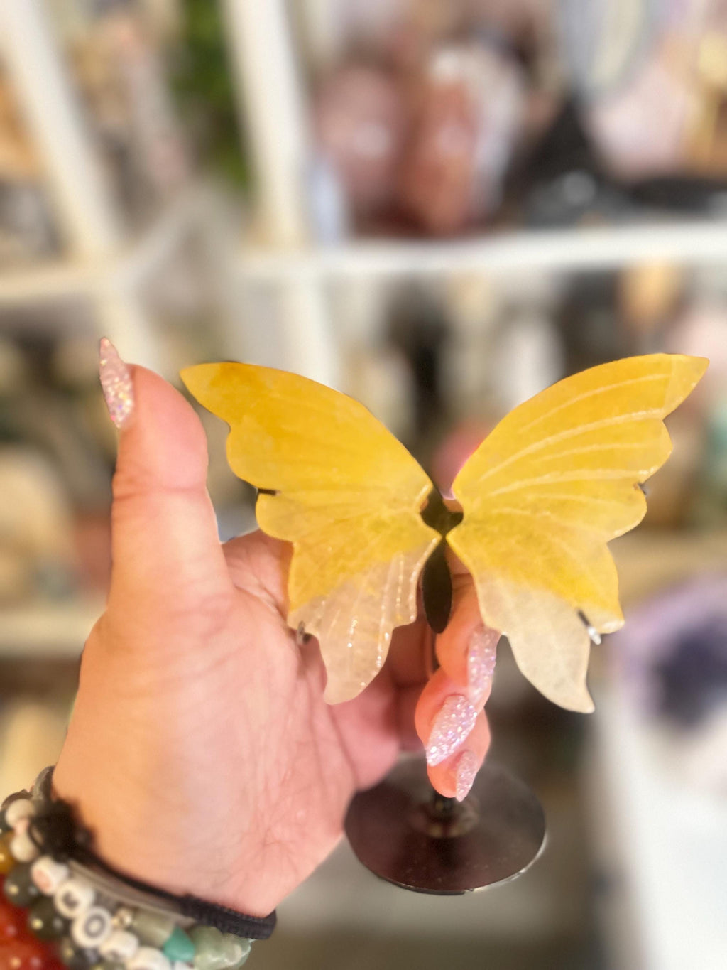 Crystal + Rocks | IMPERFECT CRYSTAL | Glued Golden Healer Butterfly Wings on a Stand | 6in