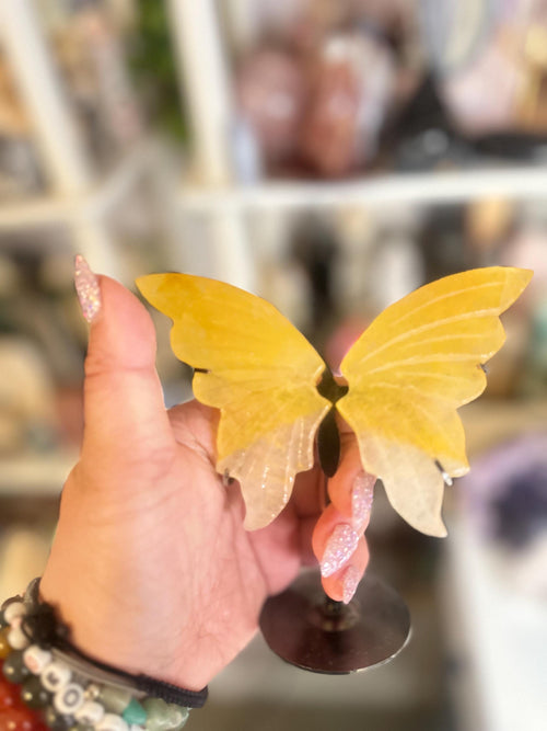 Crystal + Rocks | IMPERFECT CRYSTAL | Glued Golden Healer Butterfly Wings on a Stand | 6in