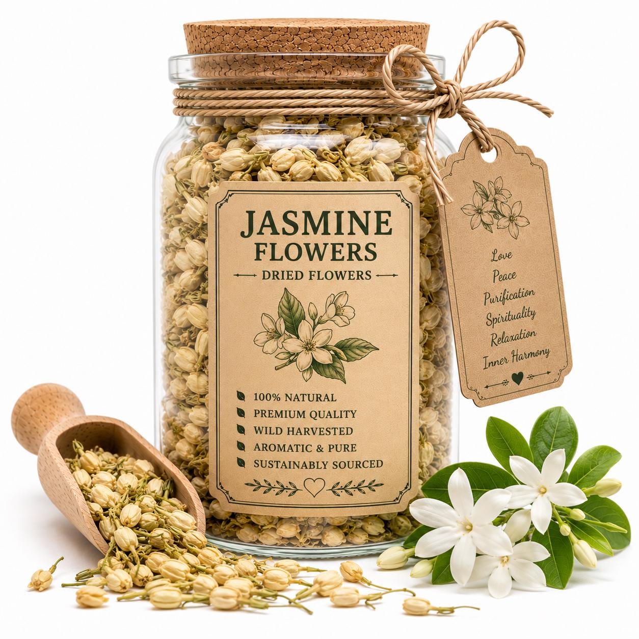 Spell Jar + Spoon | Jasmine Flowers | Dried, Cut & Sifted | Jasminum Officinale | 50ML