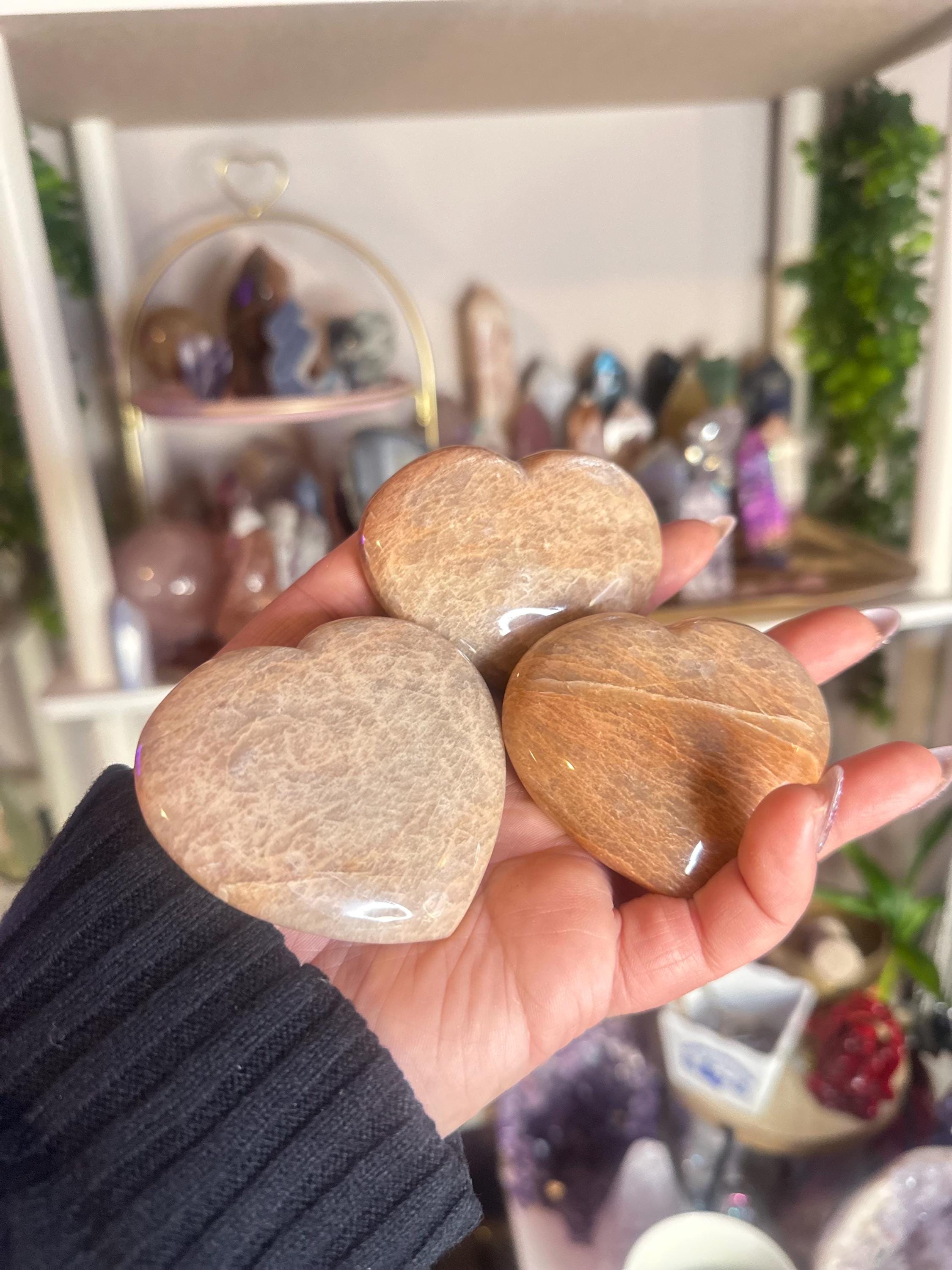 Crystal + Rocks | Intuitive Pick | Puffy Flashy Peach Moonstone Hearts | 2.5in