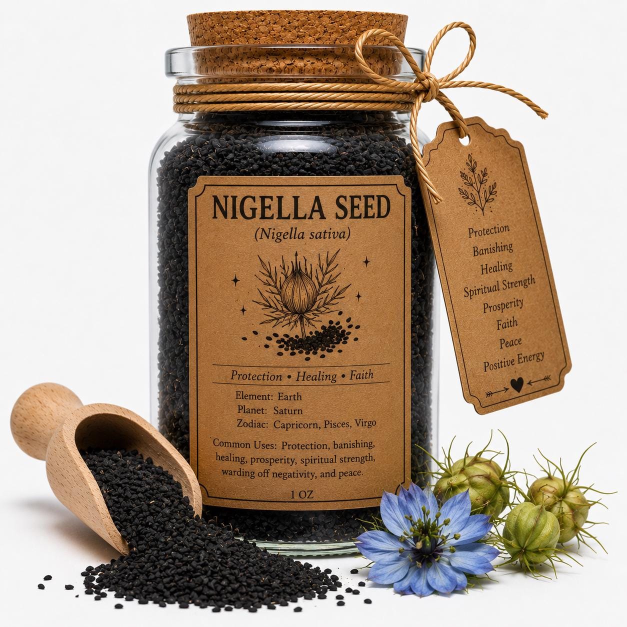 Organic Herb Spell Jar + Spoon | Nigella Seed | Dried, Cut & Sifted | Protection • Healing • Spiritual Strength | 50ML