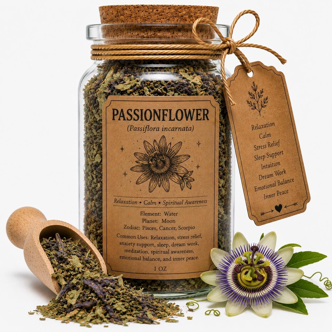 Organic Herb Spell Jar + Spoon | Passionflower | Dried, Cut & Sifted | Calm • Peace • Restful Sleep | 50ML